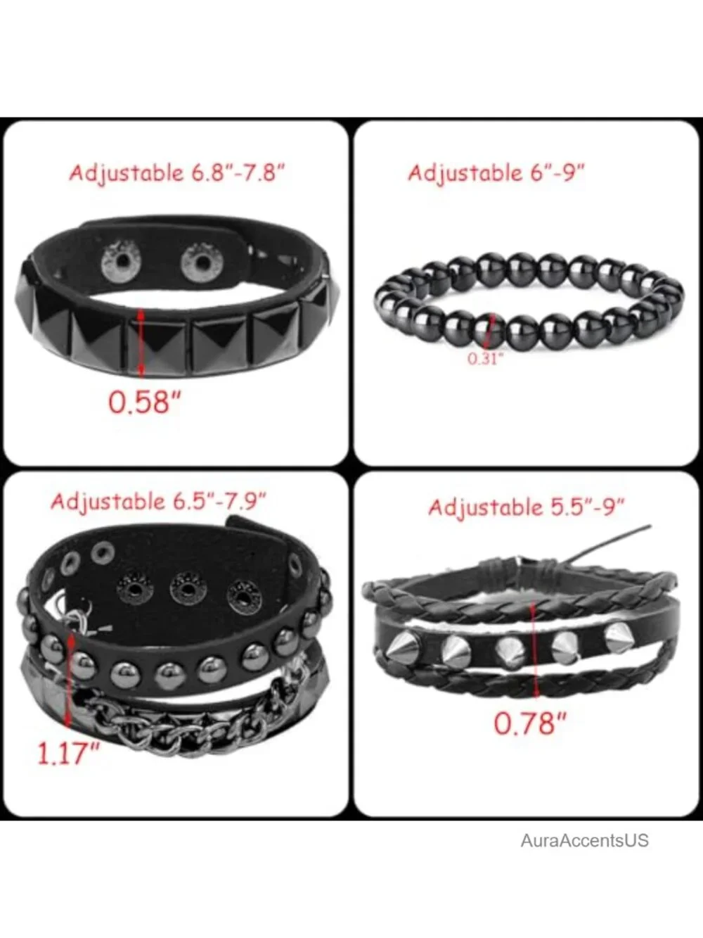 Set of 4 Faux Leather Bracelets, Cuff Wristbands, Goth Emo Punk Studs